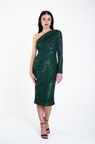 Schulterfreies Midikleid mit drapierten Pailletten