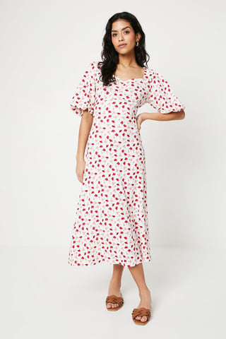 Petite Ditsy Ruched Front Puff Sleeve Midi Dress