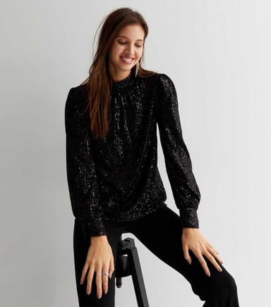 Paillettenbluse mit hohem Ausschnitt und lockerem Schnitt