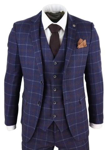 Dreiteiliger marineblauer Wollkaro-Retro-Anzug für Herren