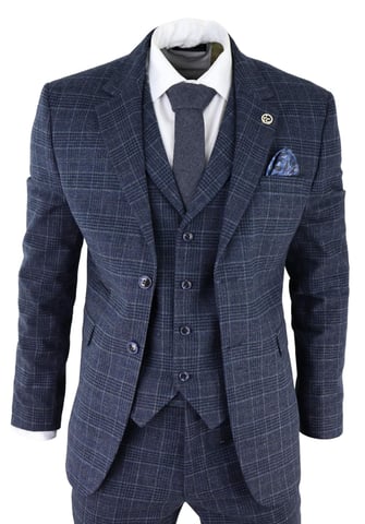 Herren Blaue Karierte 3-teilige Tweed-Anzug Peaky Blinders 1920er Gatsby Taillierte Passform
