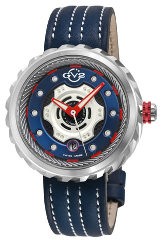 GV2 Motorrad SS Gehäuse, blaues Zifferblatt, rote Zeiger, echtes handgefertigtes italienisches Lederband blau/weiss