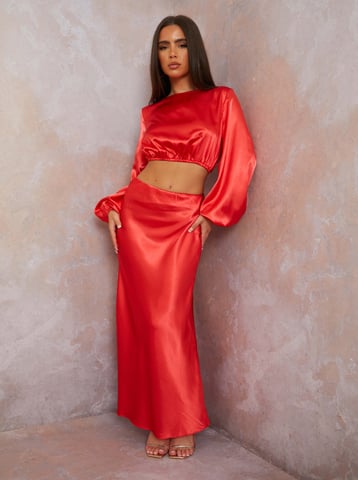 Satin Midi Slip Skirt in Red
