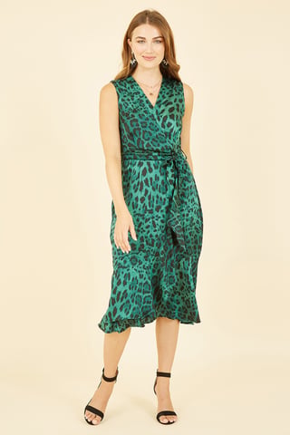 Mela Green Animal Print Satin Wrap Midi Dress