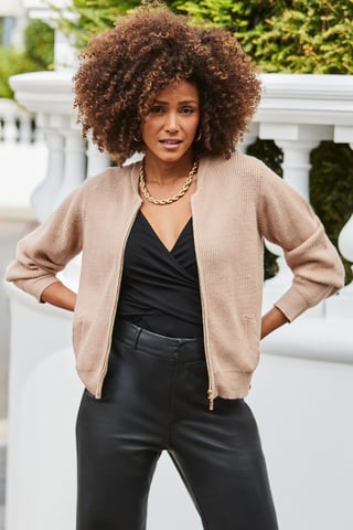 Camel Knitted Bomber Cardigan