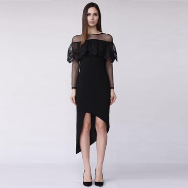 Tailliertes Cocktailkleid aus Jersey, Tüll und Spitze mit Umschlag