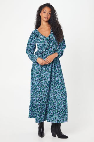 Tall Blue Ditsy Ruffle Front Midi Dress