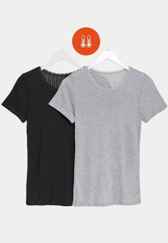Womens 2 Pack Thermal Pointelle Short Sleeve Tops in Grau/Schwarz