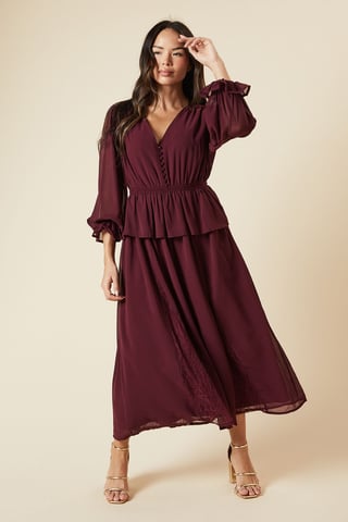 Dark Berry Lace Skirt Long Sleeve Midi Dress