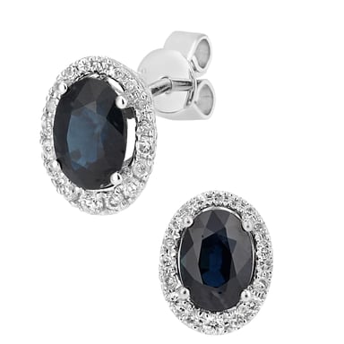 Boucles d'oreilles à tige en or blanc 9 carats avec diamants et saphirs taille ovale