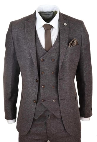 Herren Braun Wolle 3-teiliger Anzug Doppelt Knopf Tweed Peaky Blinders 1920
