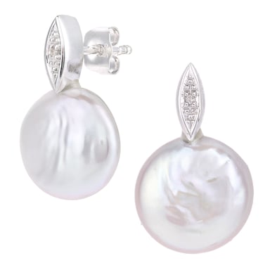 Boucles d'oreilles en or blanc 9 carats, diamants 0,01 carat avec perles de culture blanches