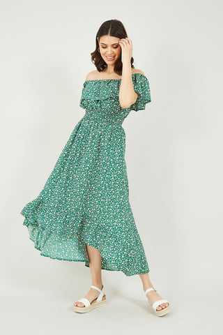 Mela Green Ditsy Daisy Printed Dipped Hem Bardot Dress