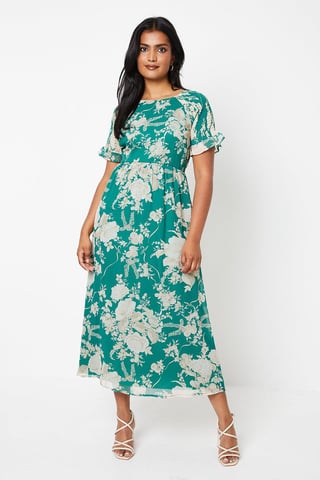 Floral Shirred Shoulder Chiffon Midi Dress