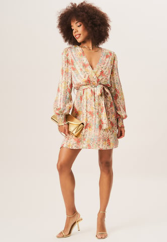Mini-robe portefeuille en mousseline de soie à rayures multicolores et jacquard