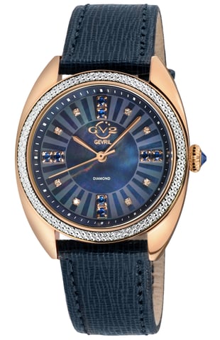 GV2 Damen Palermo Diamond Schweizer Quarz MOP schwarzes Zifferblatt, echte schwarze handgefertigte Lederuhr