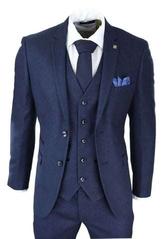 Herren Anzug im klassischen Stil mit 3 Teilen aus marineblauem Birdseye-Tweed