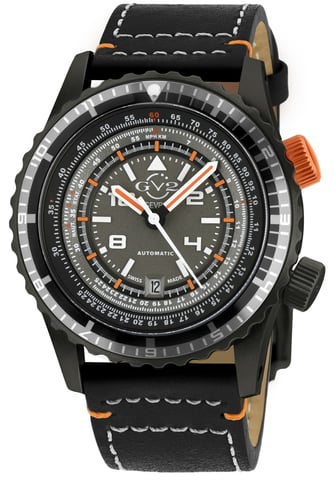 GV2 Contasecondi Herrenuhr mit grauem/orangem Zifferblatt aus schwarzem Kalbsleder