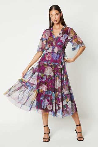 Printed Mesh Ruffle Midi Dress