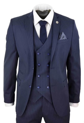 Herren 3-teiliger marineblauer Nadelstreifen-Retro-Anzug