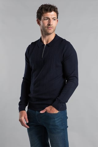 Dark Navy Cotton Textured Knit Long Sleeve Polo