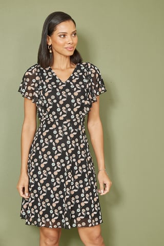 Black Leaf Print Mesh Stretch Skater Dress