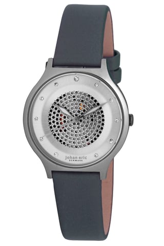 Johan eric: orstead, women's, silver sunray dial watch, up dots & swarovski indexes, grey satin band..