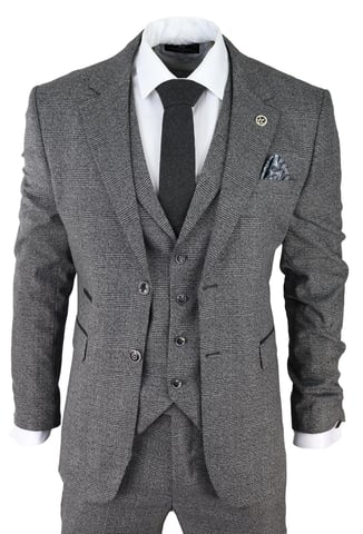 Herren Graues 3-Teiliges Anzugset Prince of Wales Karomuster Klassischer Taillierter Hochzeitsanzug