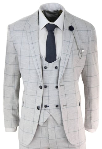 3-teiliger Herrenanzug aus Tweed im Vintage- und Retro-Stil, kariert, Hellgrau