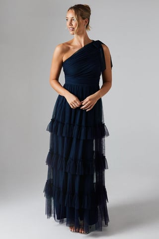Pleated Mesh One Shoulder Tiered Bridesmaids Dress