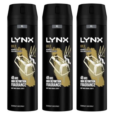 Lynx XL 48-H High Definition Fragrance Gold Body Spray Deodorant 3 Pack, 200ml