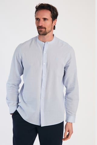 Blue Linen Blend Long Sleeve Button-Up Shirt With Grandad Collar