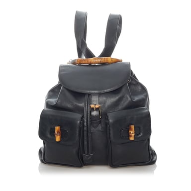 Vintage Gucci Bamboo Drawstring Leather Backpack Black