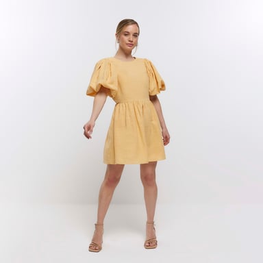 River Island Womens T-Shirt Mini Dress Petite Yellow Puff Sleeve