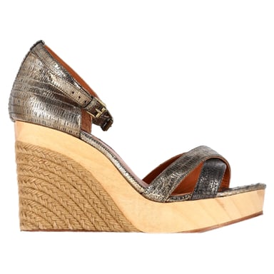 Lanvin Schlangenpräge Espadrille Slingback Keilabsätze aus silbernem Leder