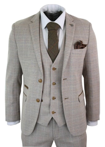 Herren 3-teiliges beiges Tweed-Karomuster Vintage Retro Anzug