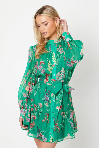 Petite Green Floral Organza Mini Shirt Dress