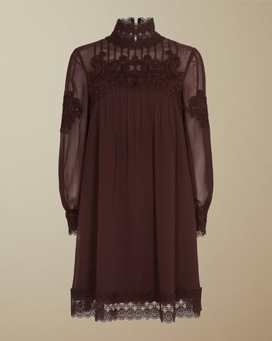 Robe courte à manches longues en dentelle à col montant Anneah, violet profond par Ted Baker