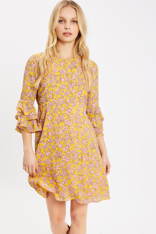 Floral Long Sleeve Printed Mini Dress in Yellow and Pink