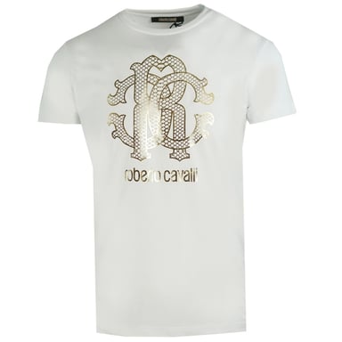 Roberto Cavalli - T-shirt blanc avec logo en peau de serpent doré