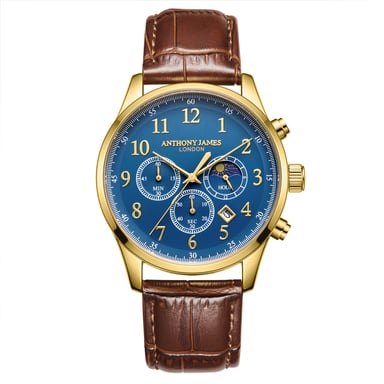 Hand Assembled Anthony James Moonphase Chronograph Gold Blue