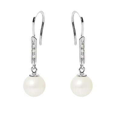 Boucles d'Oreilles Femme Pendantes Perles de Culture Blanches, Diamants et Or Blanc 750/1000