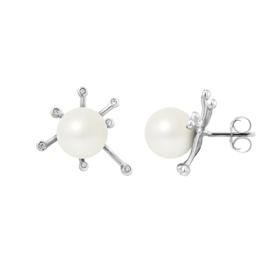 Boucles d'Oreilles Perles de Culture Blanches, Diamants et Or Blanc 750/1000