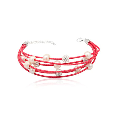 Bracelet 5 rangs Cuir Rose, Perles blanches et Perles de Cristal Blanc, Argent 925