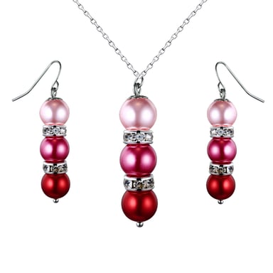 Parure Collier et Boucles d'oreilles Perles Roses, cristal et Plaqué Rhodium