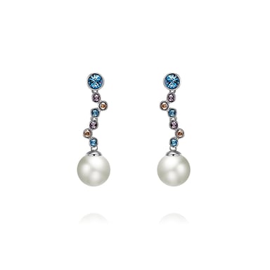 Swarovski - White Pearl and Swarovski Crystal Elements Waterfall Blue Earrings and Rhodium Plated