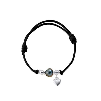 Bracelet Ajustable Femme Perle de Tahiti, Coeur en Argent Massif 925/1000 et Coton Ciré Noir
