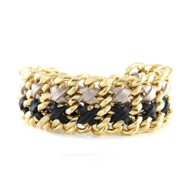 Ettika - Bracelet en Or Jaune et Rubans Tressés Noir et Argenté