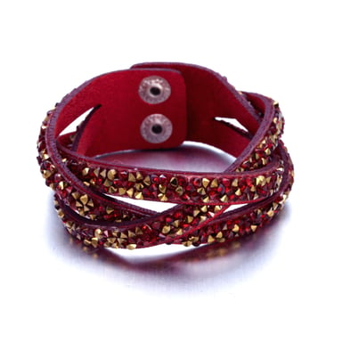 Swarovski - Bracelet Entrelacé orné de Cristaux Rouges et Dorés de Swarovski et Cuir Rouge