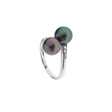 Bague Femme 2 Perles de Tahiti, Diamants 0.02 cts et Or blanc 375/1000